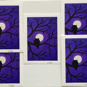 10 cartes d’art imprimées de peinture acrylique originale / ensemble de 10 / chouette violette au clair de lune / tirage photo