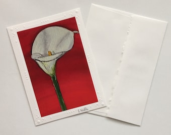 Red art print card of original acrylic painting / white calla lily / photo print