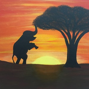 Pintura acrílica / elefante ao pôr do sol / elefante e árvore / árvore ao pôr do sol / silhueta de elefante
