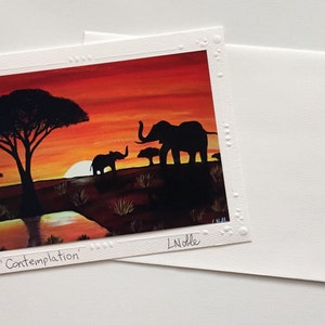 Cartão de impressão artística de pintura acrílica original/elefantes no pôr do sol/impressão de fotos/cartão de felicitações