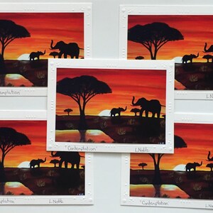 10 cartões de impressão artística de pintura acrílica original/conjunto de 10 cartões/elefantes no pôr do sol