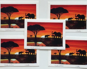 10 Art print cards of original acrylic painting / set of 10 cards / elephants in the sunset