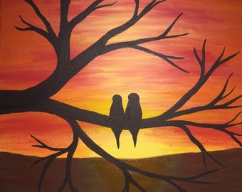 Acrylbild Vogel im Sonnenuntergang / Vögel auf ast / Vögel im  Sonnenuntergang