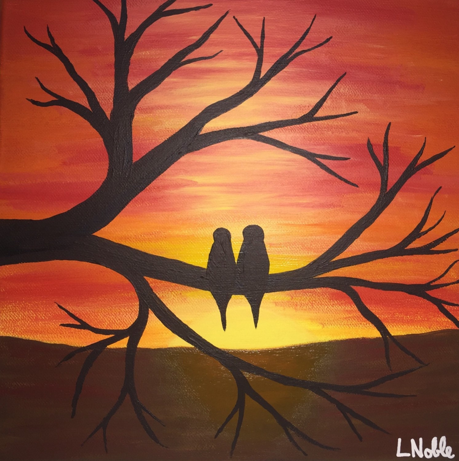 Acrylic painting lovebirds in the sunset / birds on a branch / birds in the sunset