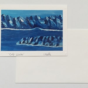 Carte d'impression d'art de peinture acrylique originale / montagnes bleues et scène d'eau / impression photo