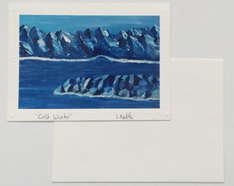 Art print card of original acrylic painting / blue mountains and water scene / photo print