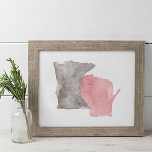 Minnesota and Wisconsin Watercolor Print, Midwest Home Print, MN and WI Watercolor, Minnesota Love Print, Wisconsin Print, Minnesconsin