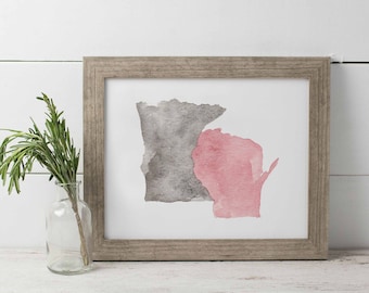 Minnesota and Wisconsin Watercolor Print, Midwest Home Print, MN and WI Watercolor, Minnesota Love Print, Wisconsin Print, Minnesconsin