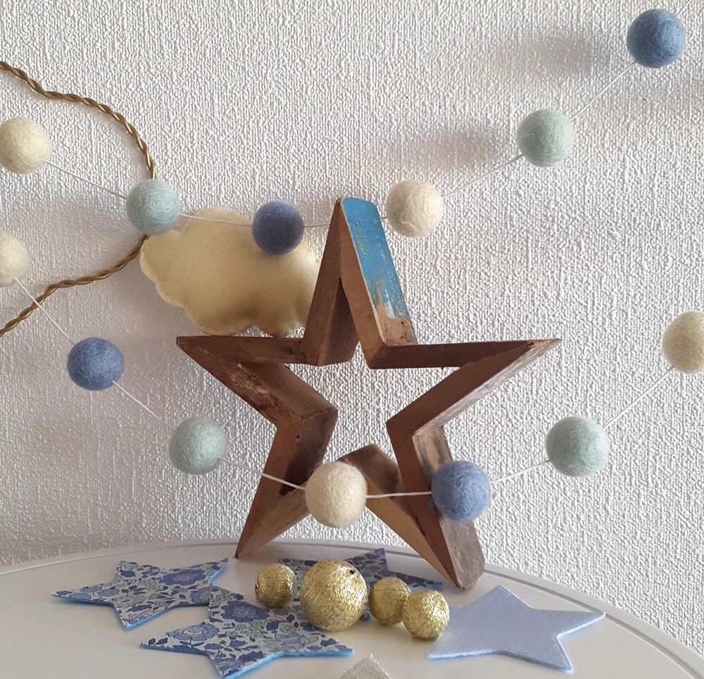 Pom Pom Bunting Pour Pépinière Tendance, Guirlande de Boule en Feutre, Pompon Bunting, Beige Menthe 