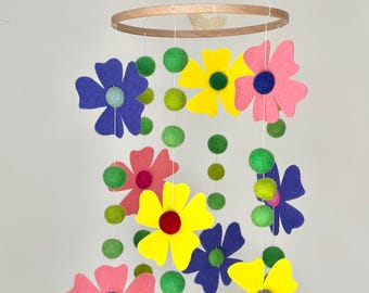 Felt Flower Baby Mobile, Wool Ball Nursery Decor