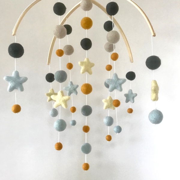 Blue felt ball crib mobile, blue and yellow felt baby mobile, mustard felt ball and felt star crib mobile - baby gift