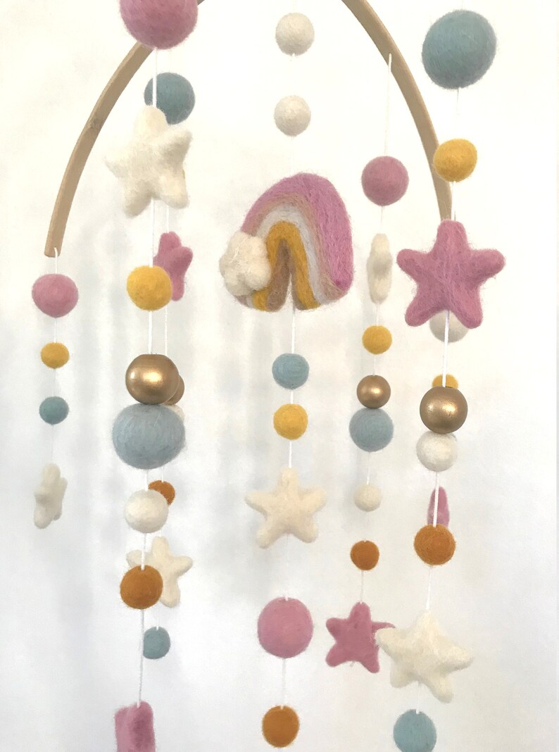 Pink and White Felt Ball Crib Mobile With Felt Rainbow Felt Etsy