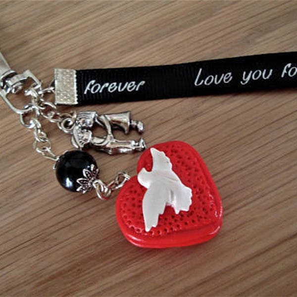 porte-clé fimo coeur, pendant colombe pate fimo, bricolage fait main argile polymère, porte-clé pate fimo saint valentin, femme