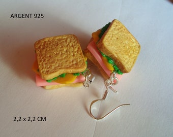 Earrings in the shape of croque Mr. clay fimo polymer made hand-mounted on 925 sterling silver hook.