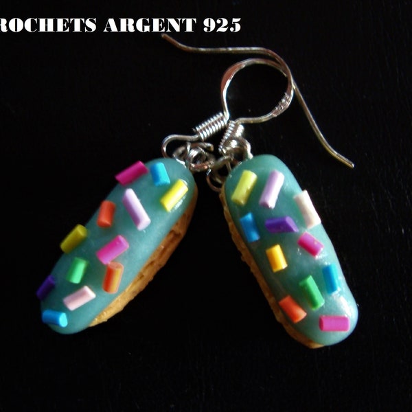 boucles d oreilles fimo éclairs pâtisserie, pendant vermicelles pate fimo, fait main, boucles d'oreilles pate fimo femme, fille