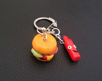 porte clé fimo hamburger avec  tube de ketchup kawaï pate fimo,  bricolage fait main en argile polymère, porte-clé pate fimo, homme, femme