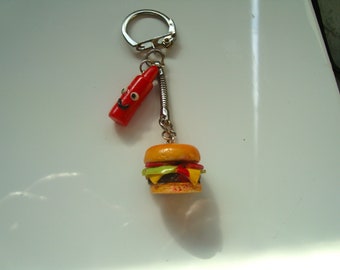 porte-clé fimo hamburger, pendant tube de ketchup en fimo, bricolage fait main argile polymère