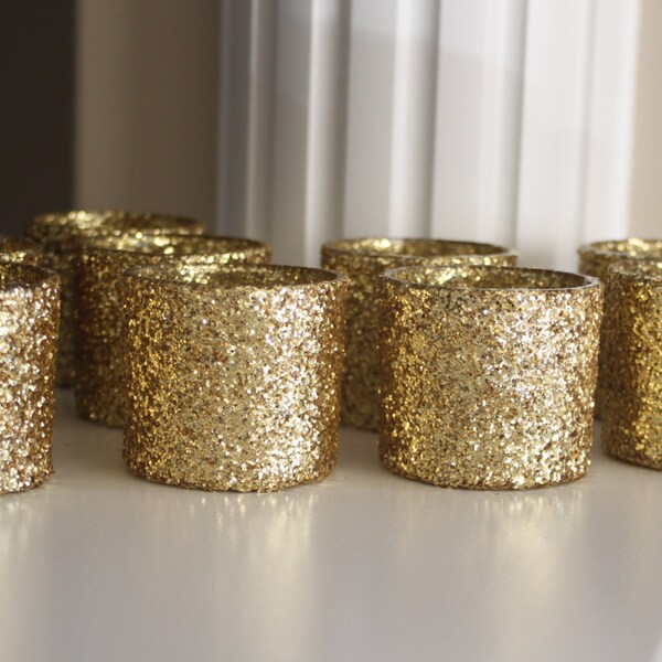 Sostenedores de vela votivos de oro brillo, oro centro de mesa, candelabros de oro, velas, centro de mesa bodas de oro, oro, pieza central