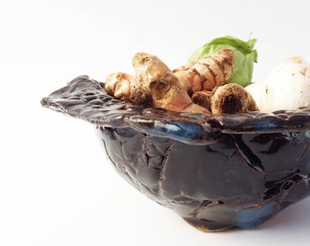 Fabulous Soup Bowl, Small Serving Bowl, Hobbitware Bowl, Rustic Pottery, Primitive, Brown Blue Hobbit Bowl