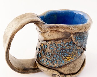 Adorable Blue Small Hobbit Mug, Rustic Pottery, 6 ounce, 6 oz Primitive Cup