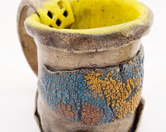 Unique Primitive Mug, Vessel, 12 oz Distorted Funky Coffee Mug