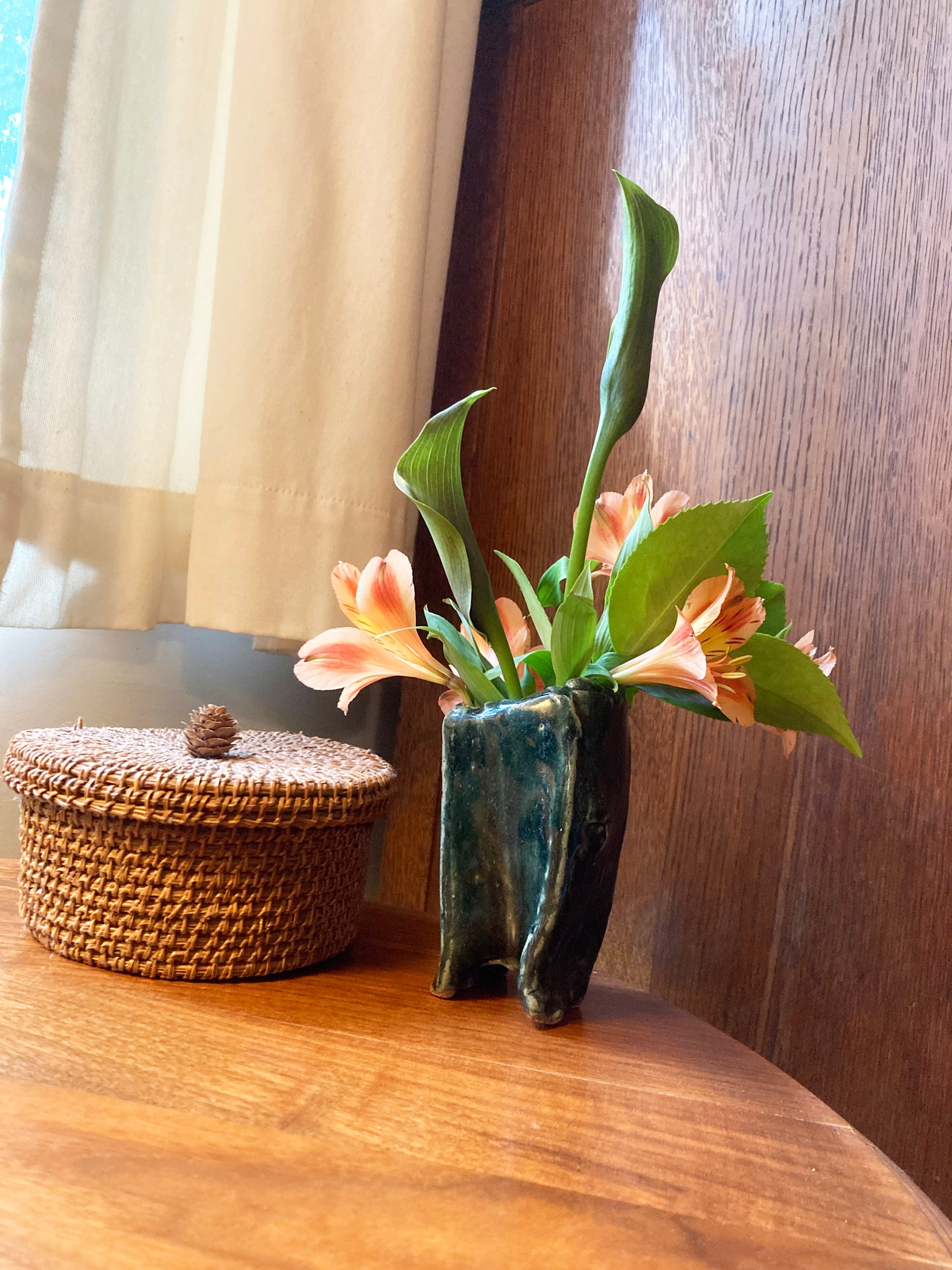 Funky Footed Vase, Rustic Pottery Pot, Squared Folded Sack, Wabi