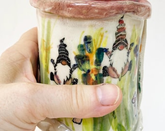 Gnomes and Mushrooms Handpainted Cup, 14 oz