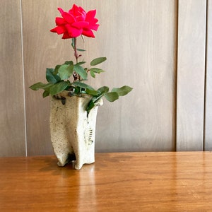 Funky Torn Footed Vase with Bone Fish, Rustic Pottery Pot, Squared Folded Sack, Wabi Sabi,