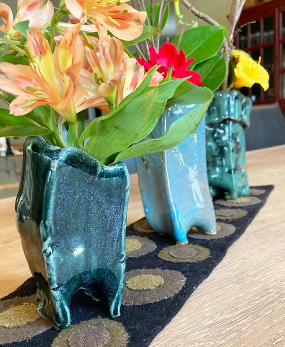 Funky Footed Vase, Rustic Pottery Pot, Squared Folded Sack, Wabi