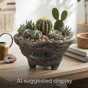 May include: A textured, dark-glazed ceramic planter with three short feet, filled with a variety of green cacti and succulents nestled in small brown pebbles. The planter sits on a wooden surface alongside a brass watering can and books.