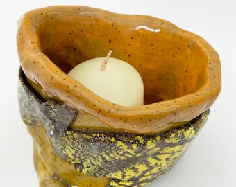 Rustic Pottery Pot, Scrunchy Sack, Primitive Stoneware Wabi Sabi, Votive Holder