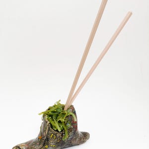 May include: A unique ceramic bowl with a textured, earthy design, filled with green seaweed salad. Two wooden chopsticks are placed inside the bowl, ready for use. The bowl has a rustic, organic shape and is set against a white background.