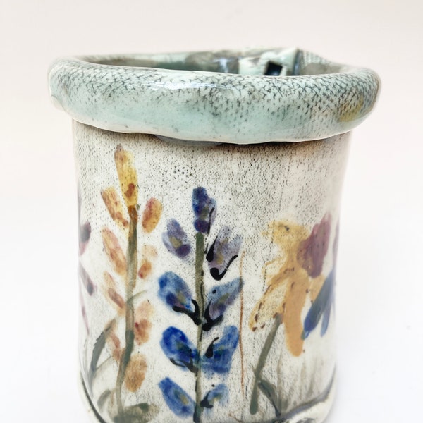 Tumbler, Rustic Pottery Cup,  Handpainted Wildflowers, Wabi Sabi, 12 oz