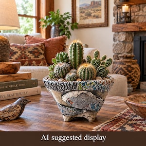 May include: A collection of various green cacti and succulents planted in a textured, multi-colored ceramic bowl with a layered, mosaic-like pattern in shades of blue, white, and black, featuring three small feet at the base.