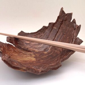 May include: A handcrafted, brown ceramic bowl with a textured, organic design. Two light-colored wooden chopsticks rest across the bowl. The bowl's shape resembles a natural form, perfect for serving Asian-inspired dishes.