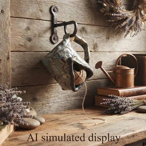 May include: A ceramic yarn bowl with a blue and grey marbled finish hangs from a black metal wall hook. The bowl contains a ball of brown yarn with a single strand extending downward. The scene includes dried lavender, books, and a copper watering can.