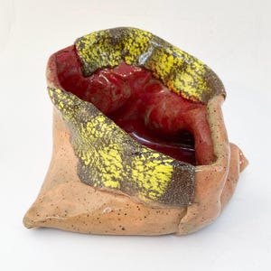 May include: A handcrafted ceramic vessel with a unique, organic shape. The interior is a vibrant red, contrasted by the exterior's speckled tan. Accents of yellow and dark brown add visual interest. This decorative piece is ideal for home decor.