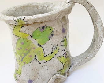 Huge Frog or Toad, Adorable Mug, Rustic Pottery, 34 oz Primitive Cup