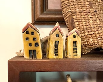Tiny Rustic Ceramic House, Crooked Little Mini Home, Golden Yellow and Red