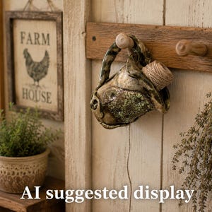 May include: A handcrafted ceramic pitcher with a mottled green and brown crackle glaze finish, featuring a curved handle and a ball of natural twine tucked inside, hanging from a wooden peg on a vertical plank wall mount.
