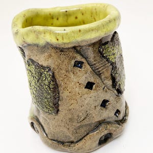 Primitive Yellow Tumbler, 8 oz, Hobbitware Pottery, Rustic Cup, Buttoned, Crooked Tumber