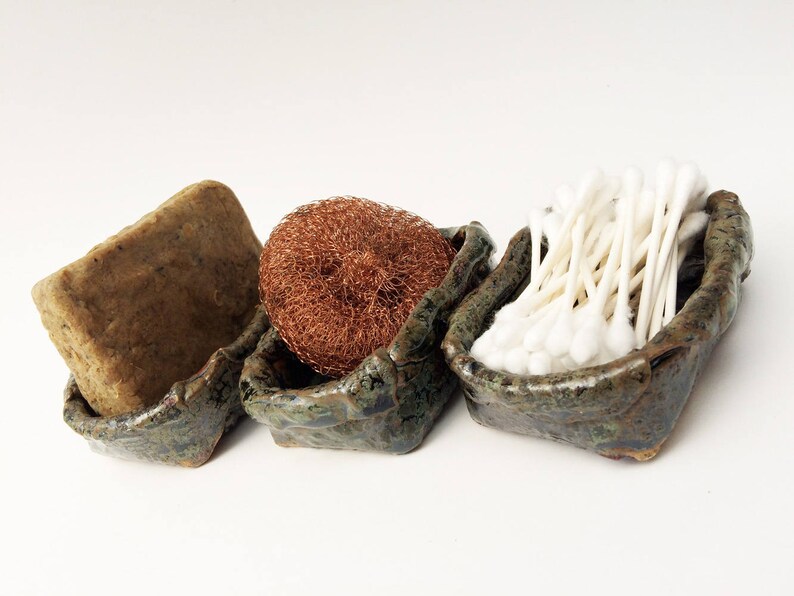 2.5 ounce oz Kitched Scrubbie Holder Prep Bowls Soap Dish Set of Three Rustic Aqua Bowls Rustic Decor Primitive