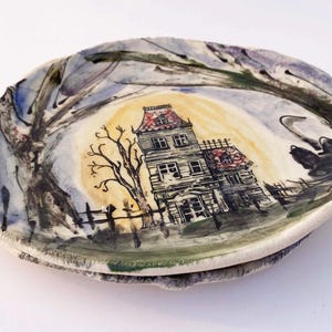 Handmade Haunted House Pottery Plates: Asymmetrical Cat Sushi Dishes, Set of 2