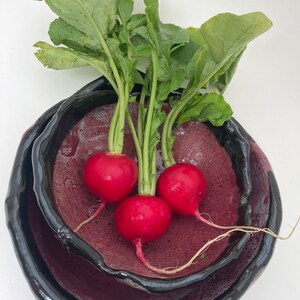 May include: Four red radishes with green leaves in a set of two dark purple ceramic bowls with black rims.