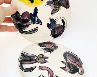 Sandwich Plates, set of 2, Black Cats Unique Sushi Plates, Asymmetrical OOAK Pottery