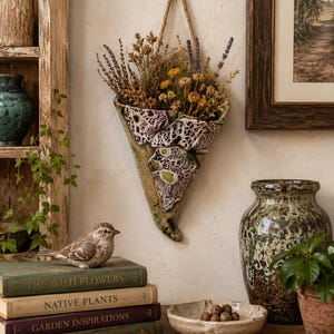 May include: A triangular wall-mounted ceramic planter with a textured, mottled purple and green glaze, filled with dried yellow and lavender flowers. The planter is suspended by a thick, natural-colored jute rope against a light-colored wall.