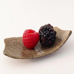 May include: A red raspberry and a black blackberry rest on a small, handmade, ceramic dish. The dish is a muted brown with a speckled texture and a unique, organic shape. The berries are fresh and vibrant against the neutral background.