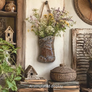 May include: A brown, glazed ceramic wall pocket planter with a textured, uneven surface, suspended by a thick rope. The planter is filled with a vibrant arrangement of yellow, white, and purple wildflowers, creating a natural and organic display.