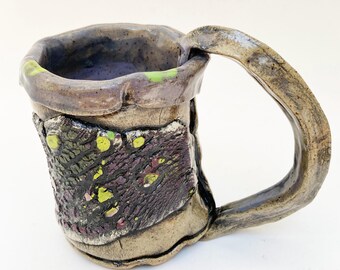 Rustic Coffee Mug, Purple and Green Wabi Sabi Asymmetrical, 16 oz