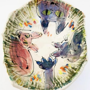 Cats Hand Painted Primitive Wabi Sabi Bowl, Asymmetrical
